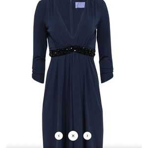 Vera Wang Lavender Label Navy Blue Beaded Waist Long Sleeve Cocktail Dress